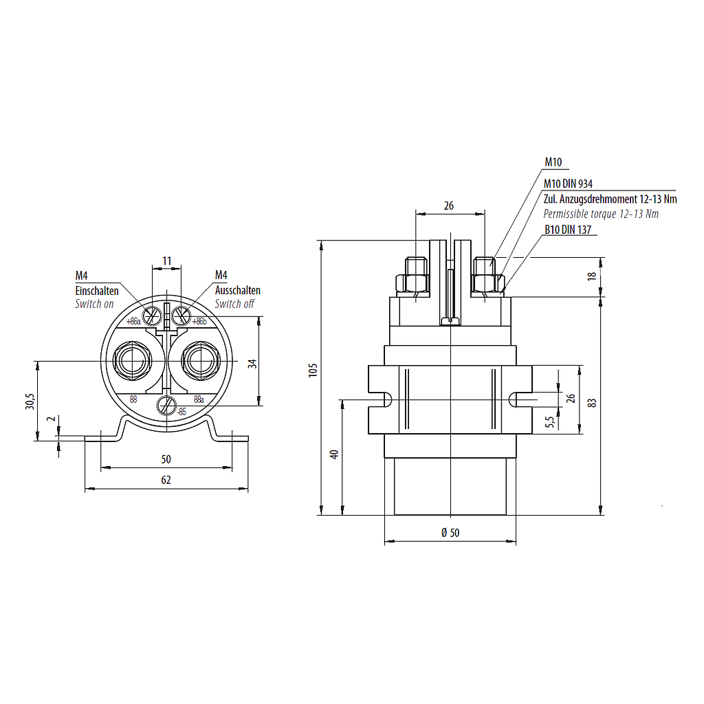 RELAY SERIES 29 - 200A - 12V - without Diode - M8 - with side flange - NC contact