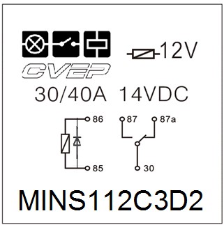 Mini relay 12V - change-over contact - 30A/40A - diode - with metal bracket - sealed 