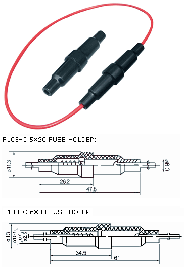 [H4011] Fuseholder incl. 10A - 5x20mm class fuses - max. cable diameter 3mm² - cable red - housing color: black