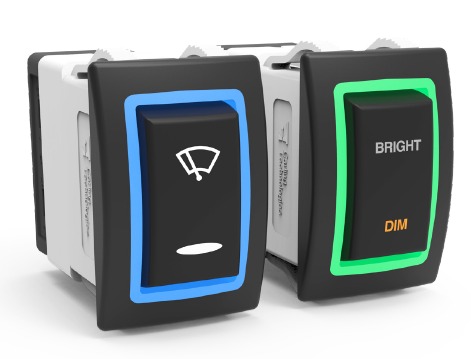 [HR11D1A51BW1-11-RNSA1] xxx Carling switch HR series - ON-NONE-OFF - Ring illumination blue - Illumination rocker white - Symbol 1 ‘Working light’ - Symbol 2 ‘OFF’