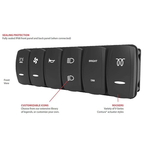[VM6-1N1-6D5B-6D5B-6D5B-6D5B-6D5B-6D5B] Carling VM6-Serie - CAN-Switches(Contura XIV) 6er Switch- 2 LED (white-Backlight/green-Function light) - 3 Position: Momentary/Top/Bottom